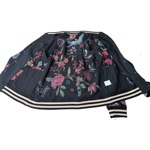 JOHNNY WAS Black French Terry Bomber Jacket Embroidered Boho Small Boho - Picture 10 of 10